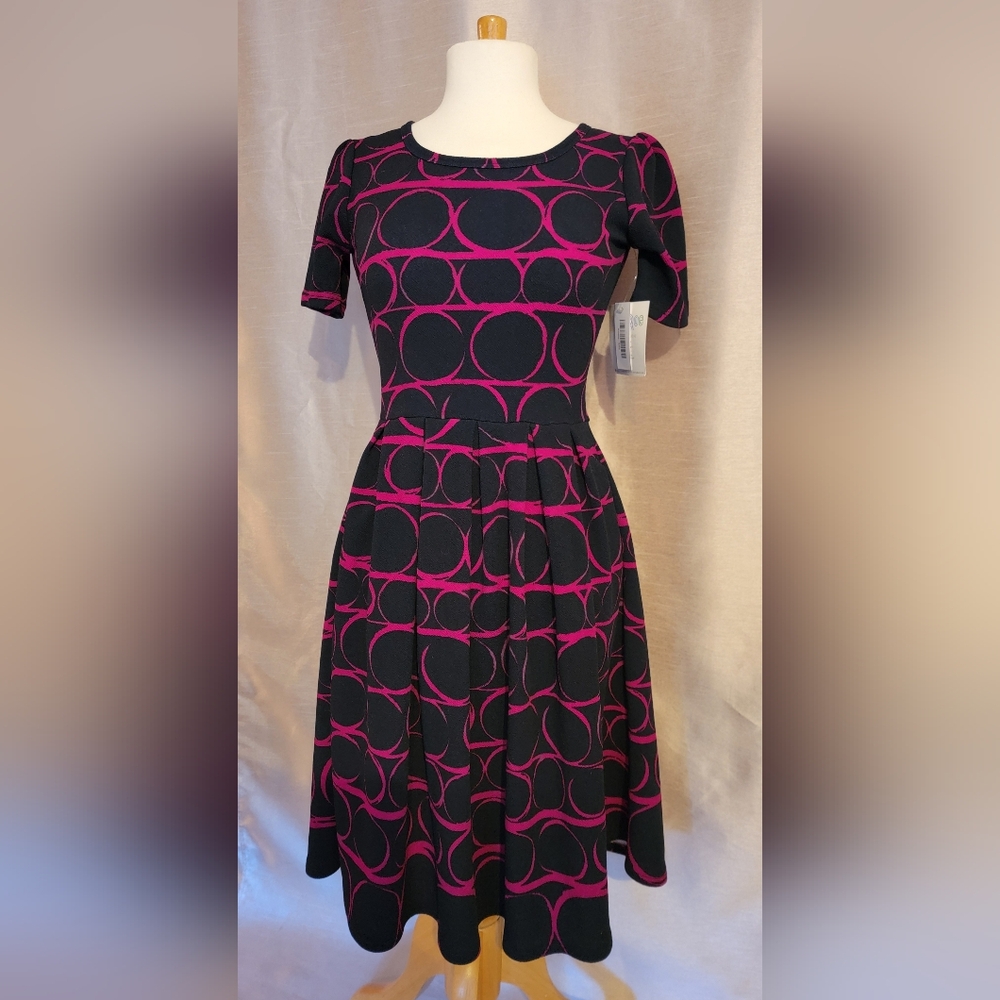 LuLaRoe Black Midi Dress with Pink Circle Pattern